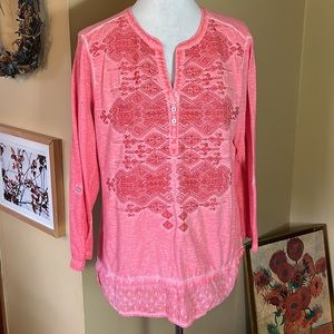 STYLE & CO Size Large Salmon Pink Embroidered Distressed Tunic Lightweight SOFT